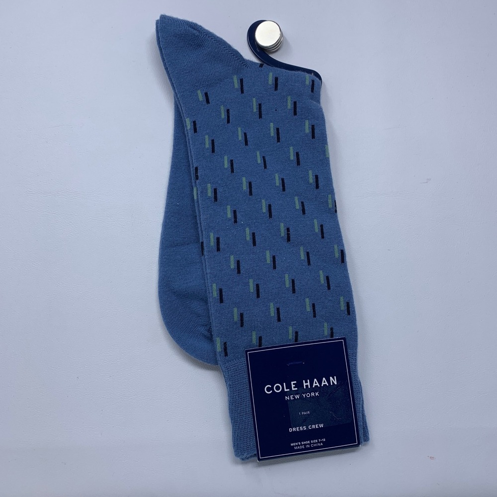 Cole Haan Mens OS Blue Geometric Dash Pattern Dress Crew Socks NWT